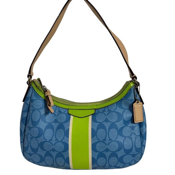 Coach Signature Stripe Shoulder Baguette Demi Bag Blue Lime Green F29942 - Picture 1 of 15
